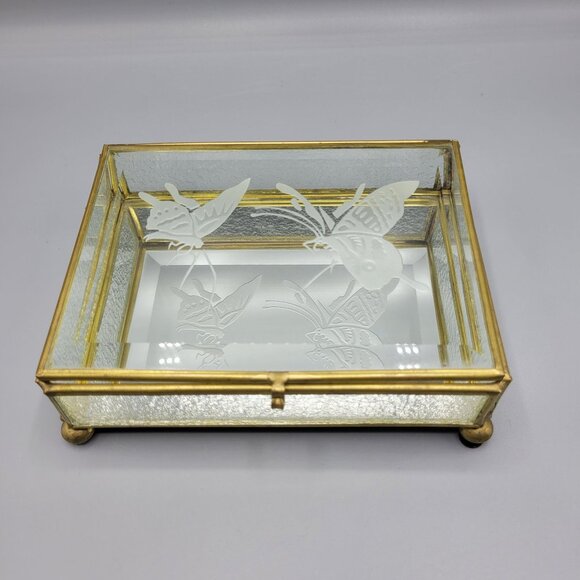 Vintage Flambro Glass Jewelry Box Etched Butterfly Design Brass Frame Taiwan - Picture 2 of 16